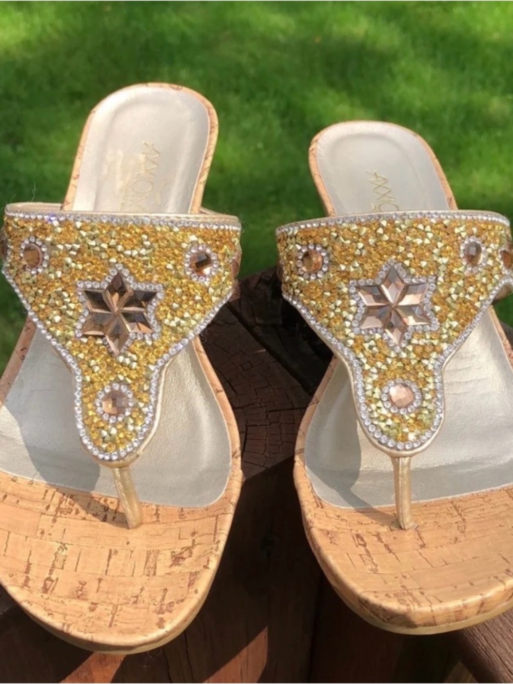 Beaded Gold T-strap Wedge Sandals - Women Size 6